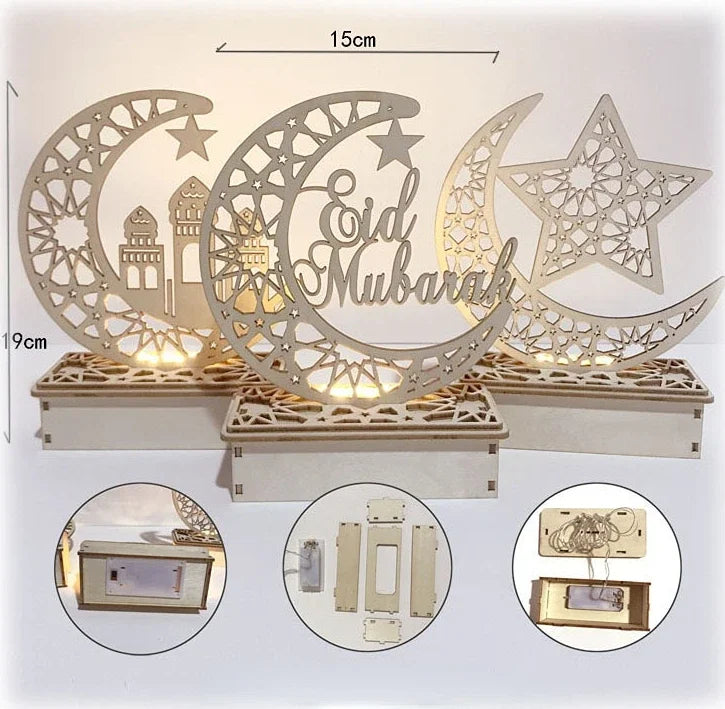 Eid Mubarak Wooden Moon LED Light – Elegant Ramadan Decor