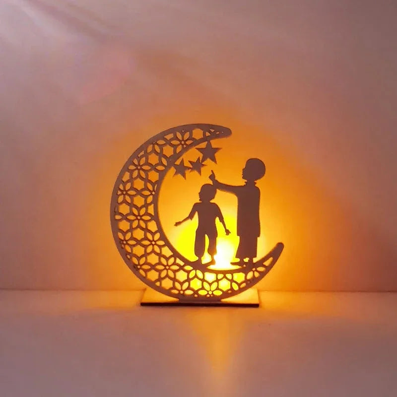 Eid Mubarak Wooden Moon LED Light – Elegant Ramadan Decor