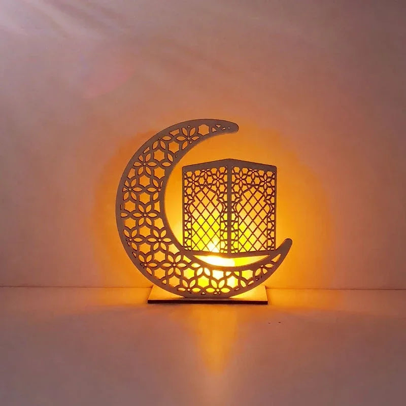 Eid Mubarak Wooden Moon LED Light – Elegant Ramadan Decor