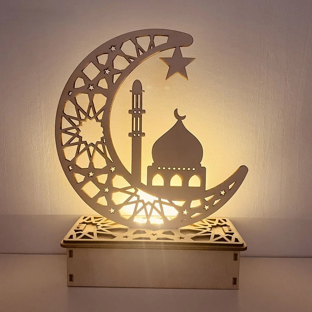 Eid Mubarak Wooden Moon LED Light – Elegant Ramadan Decor