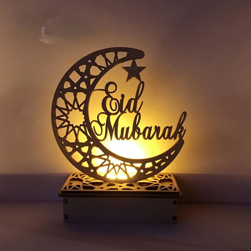 Eid Mubarak Wooden Moon LED Light – Elegant Ramadan Decor