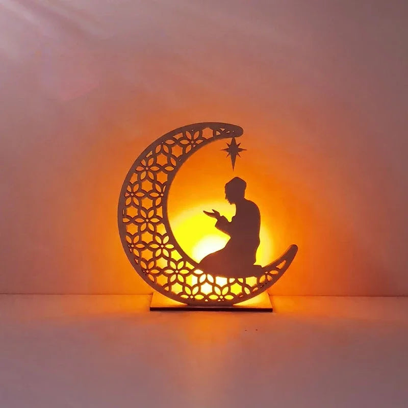 Eid Mubarak Wooden Moon LED Light – Elegant Ramadan Decor