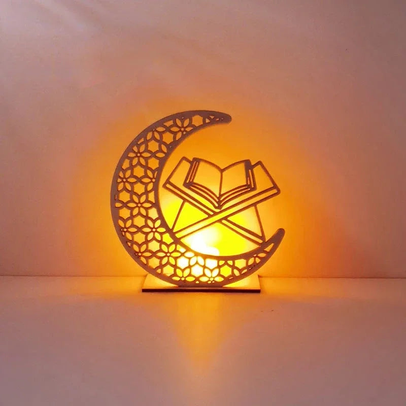 Eid Mubarak Wooden Moon LED Light – Elegant Ramadan Decor