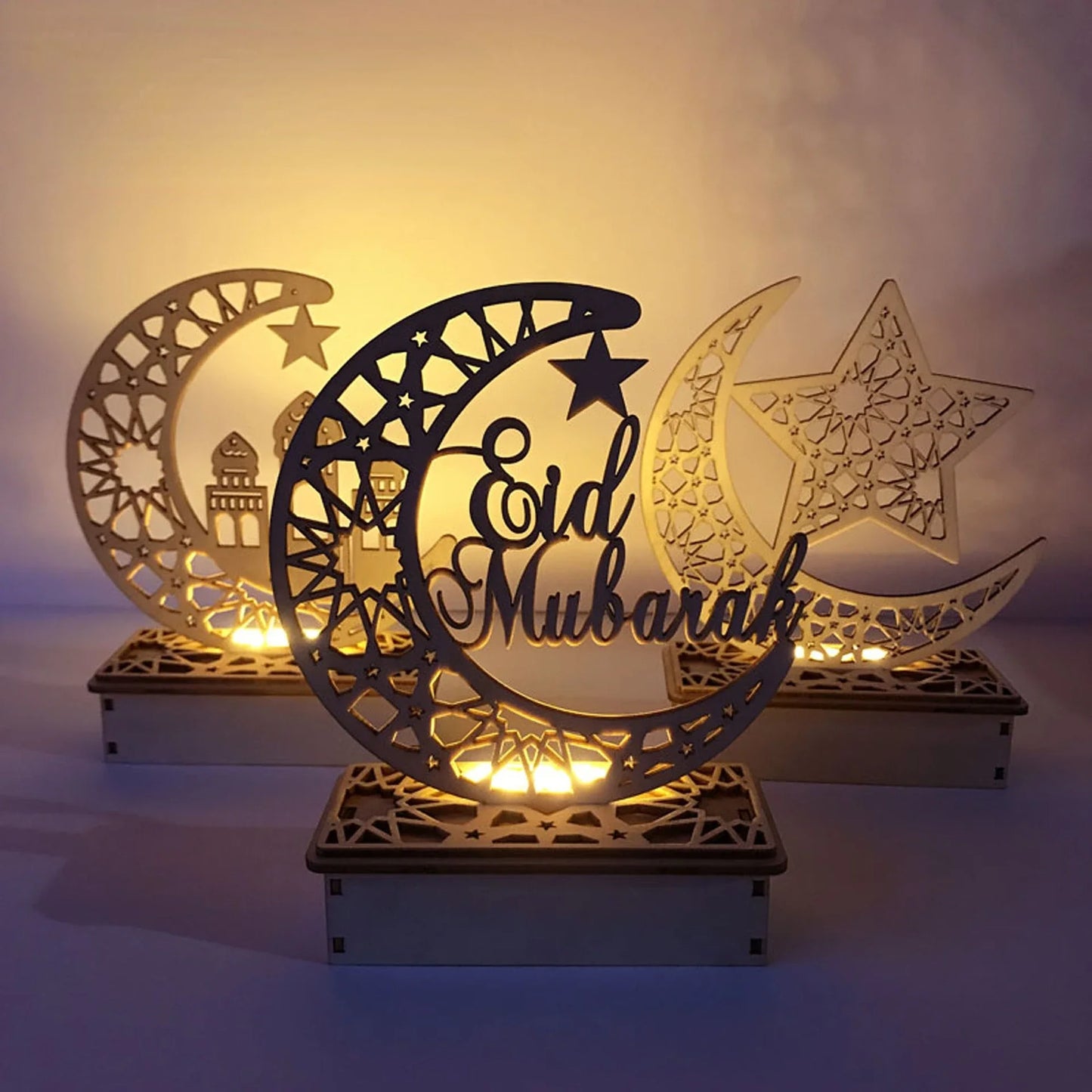 Eid Mubarak Wooden Moon LED Light – Elegant Ramadan Decor