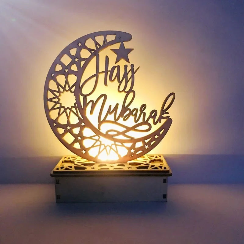 Eid Mubarak Wooden Moon LED Light – Elegant Ramadan Decor