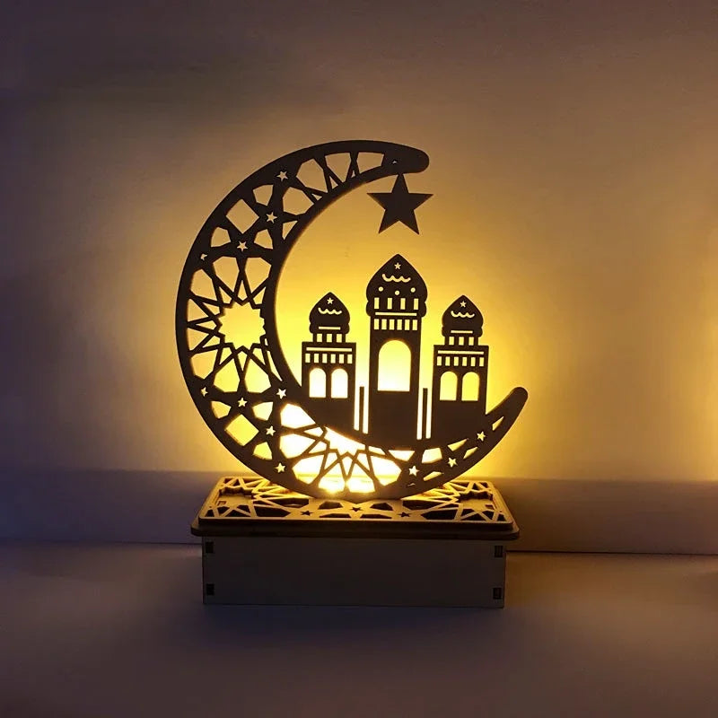 Eid Mubarak Wooden Moon LED Light – Elegant Ramadan Decor