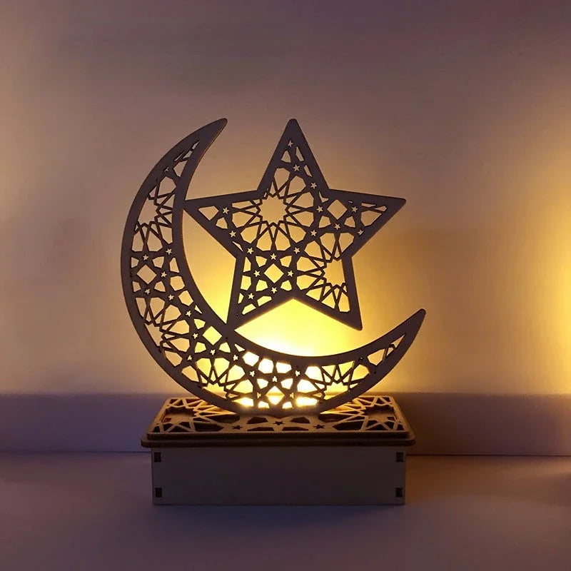 Eid Mubarak Wooden Moon LED Light – Elegant Ramadan Decor