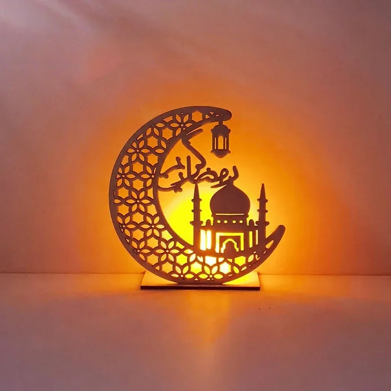 Eid Mubarak Wooden Moon LED Light – Elegant Ramadan Decor