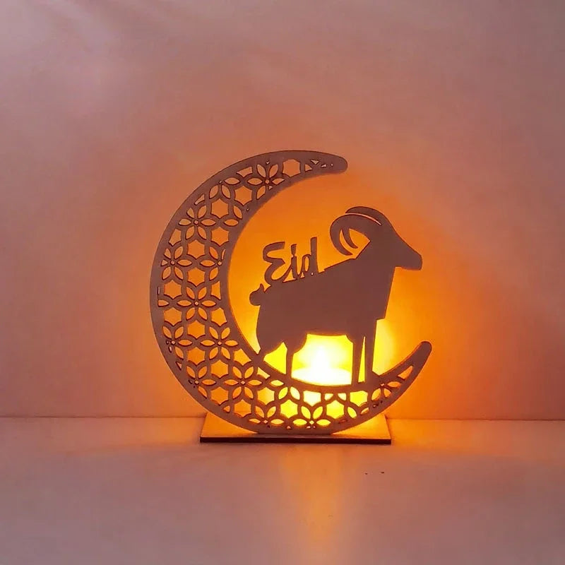 Eid Mubarak Wooden Moon LED Light – Elegant Ramadan Decor